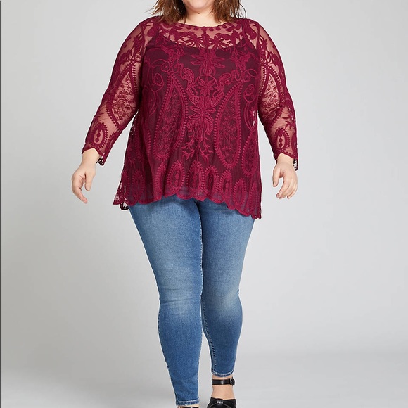 2X 18/20W Beet Red Embroidered Mesh Tunic - Picture 2 of 9